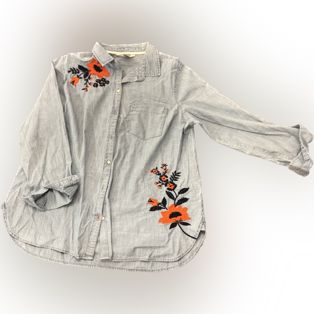 Old Navy XL classic chambray shirt with embroidered floral detail.